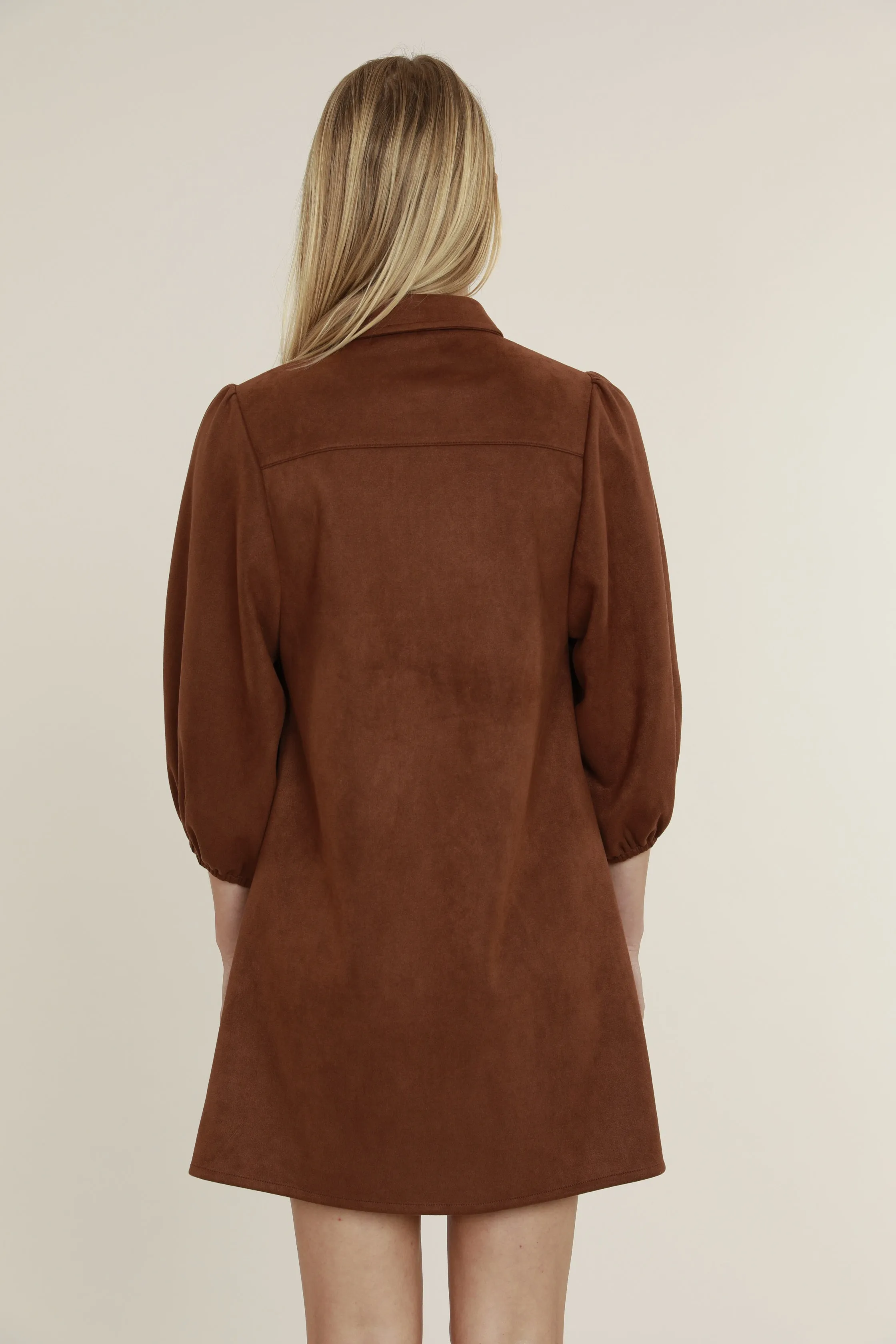 Faux Suede Puff Sleeve Shirt Dress