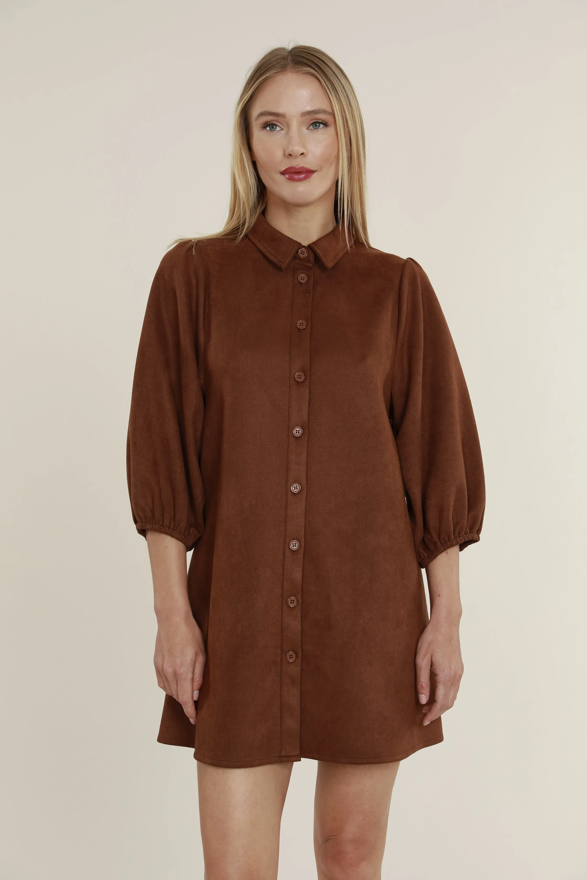 Faux Suede Puff Sleeve Shirt Dress