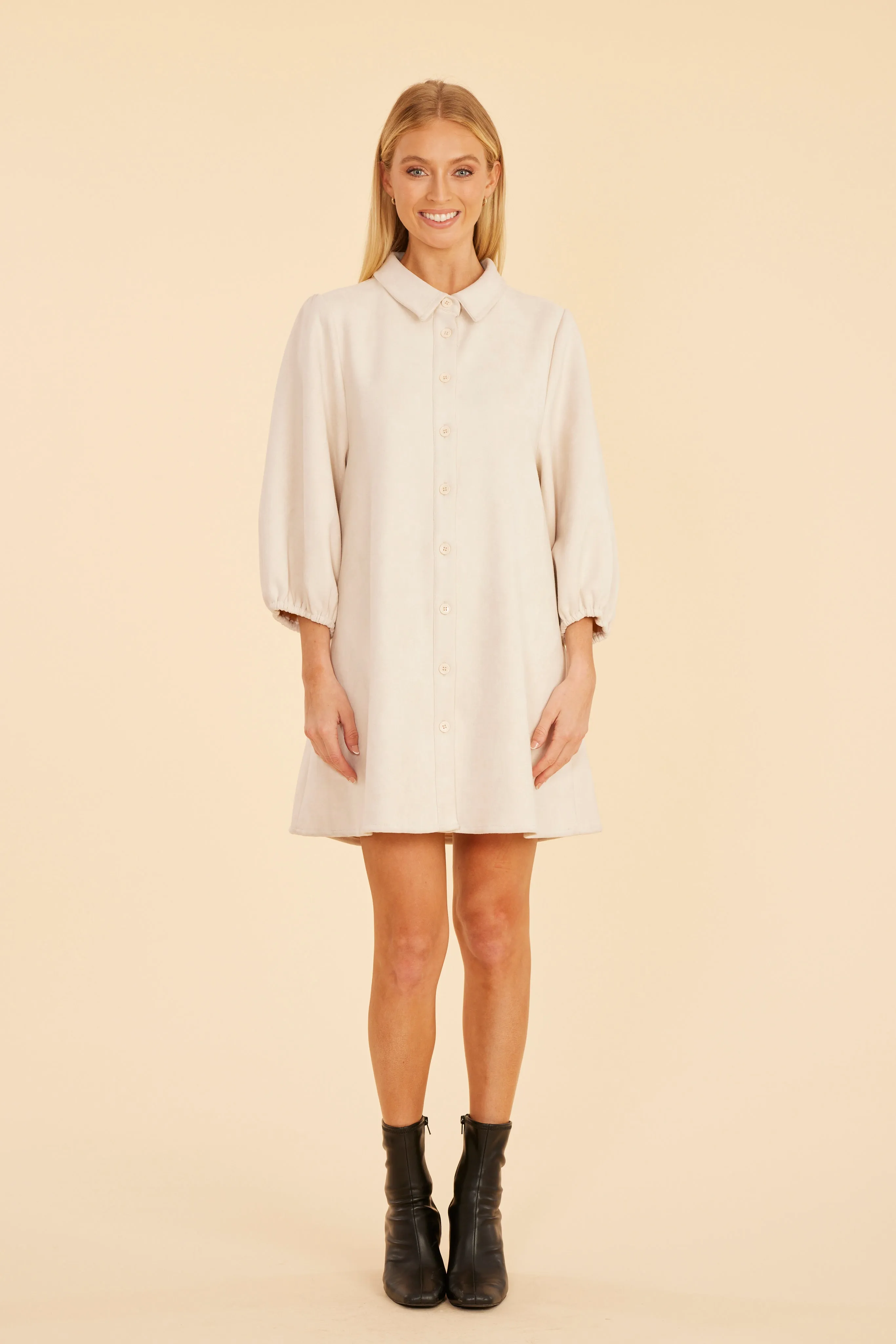 Faux Suede Puff Sleeve Shirt Dress