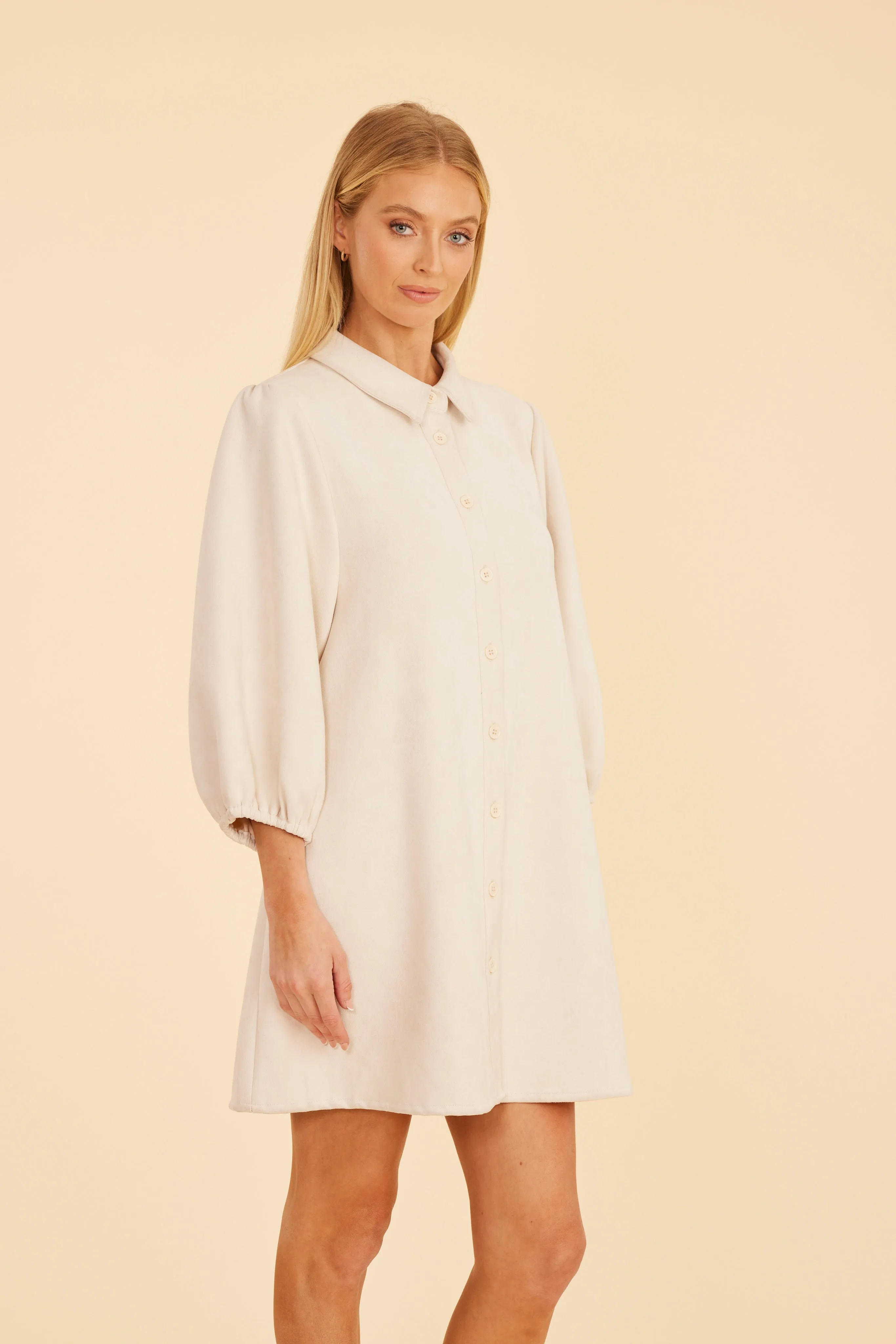 Faux Suede Puff Sleeve Shirt Dress