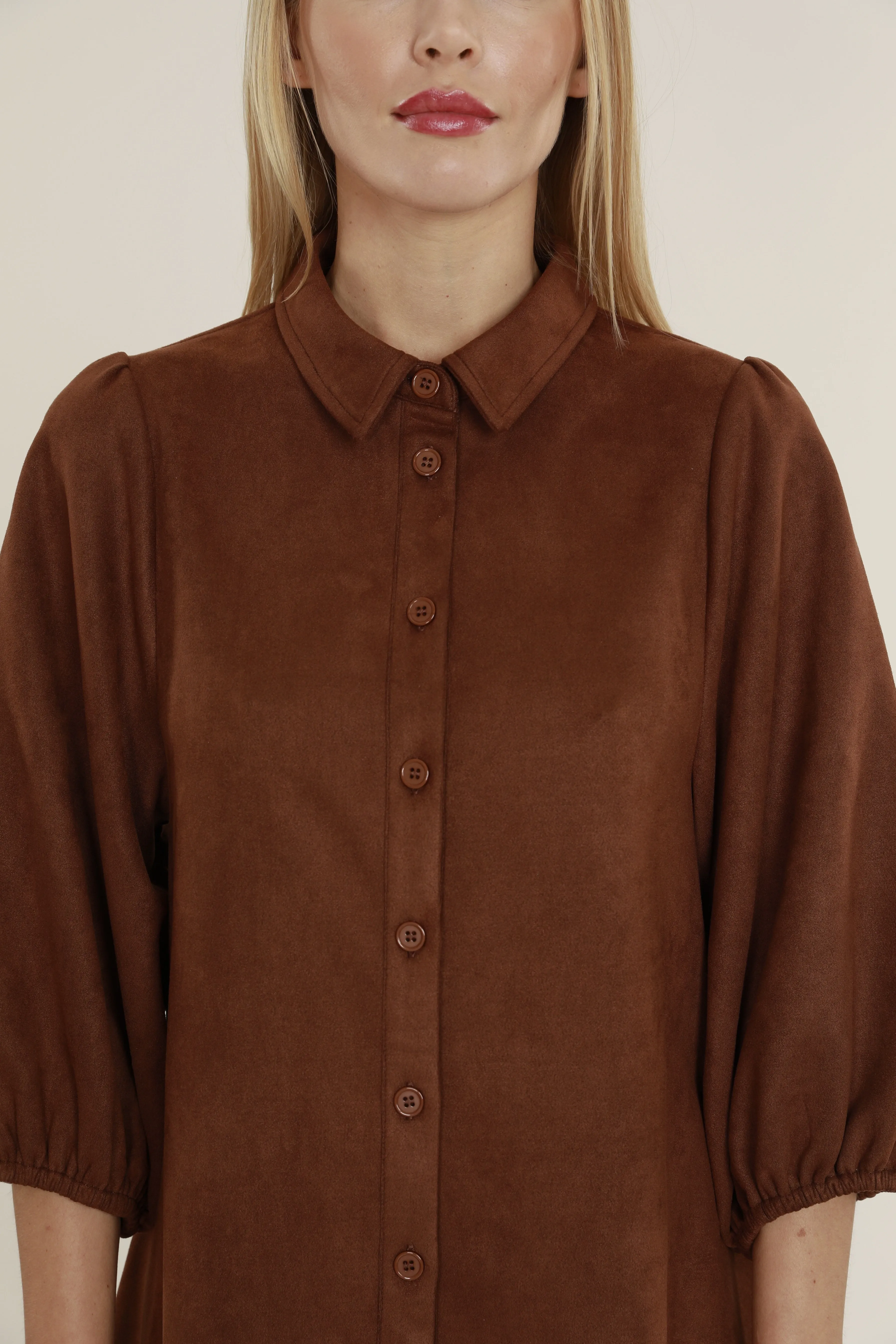 Faux Suede Puff Sleeve Shirt Dress