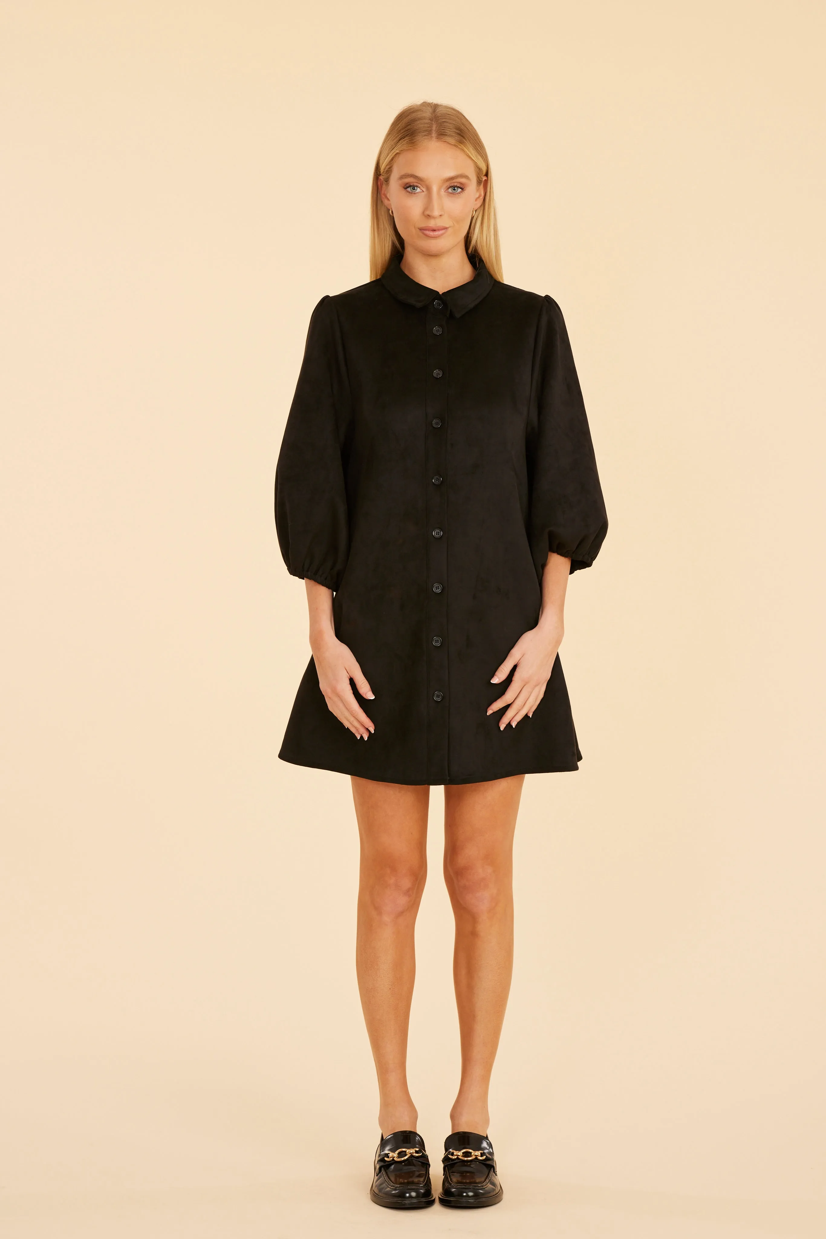 Faux Suede Puff Sleeve Shirt Dress
