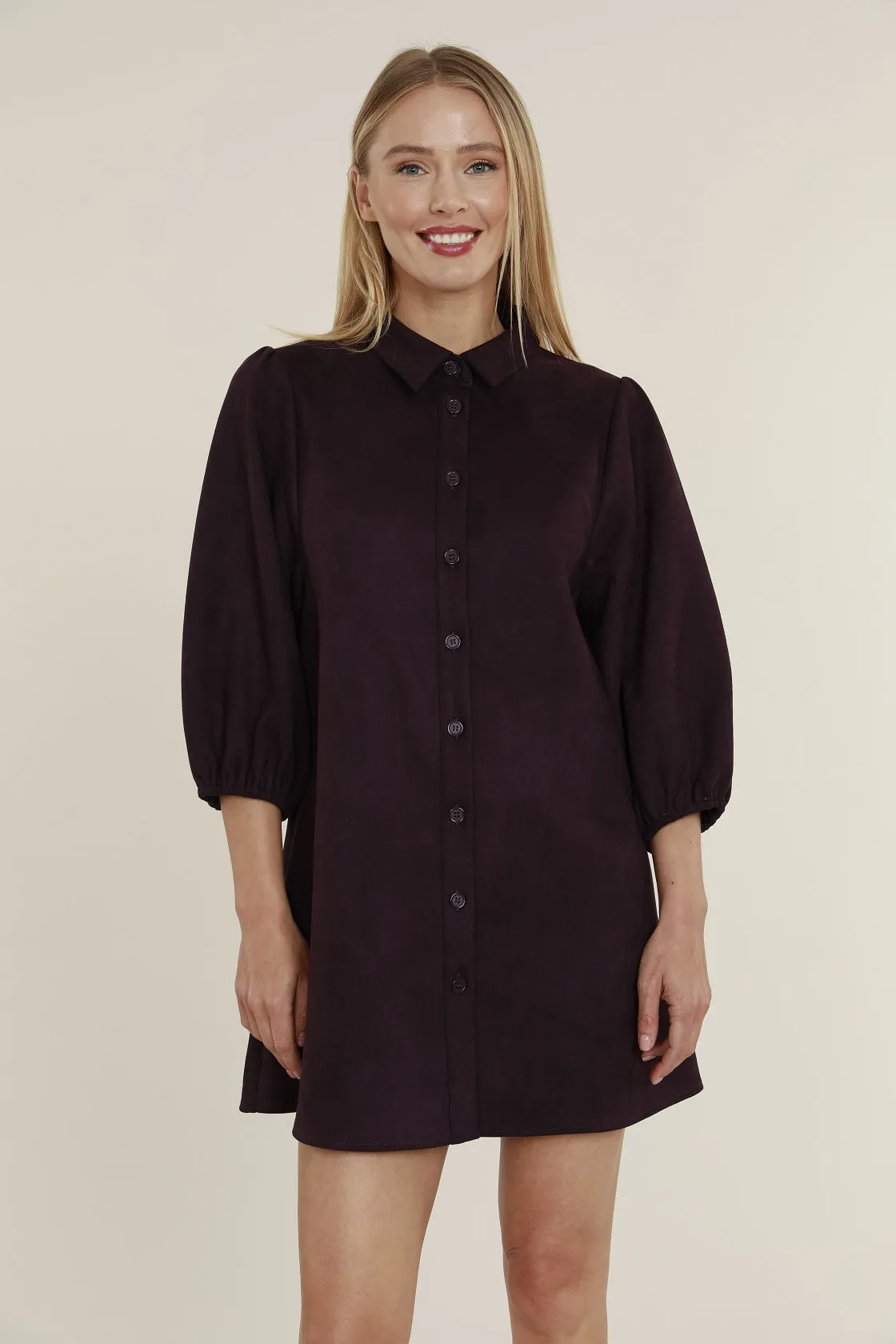 Faux Suede Puff Sleeve Shirt Dress