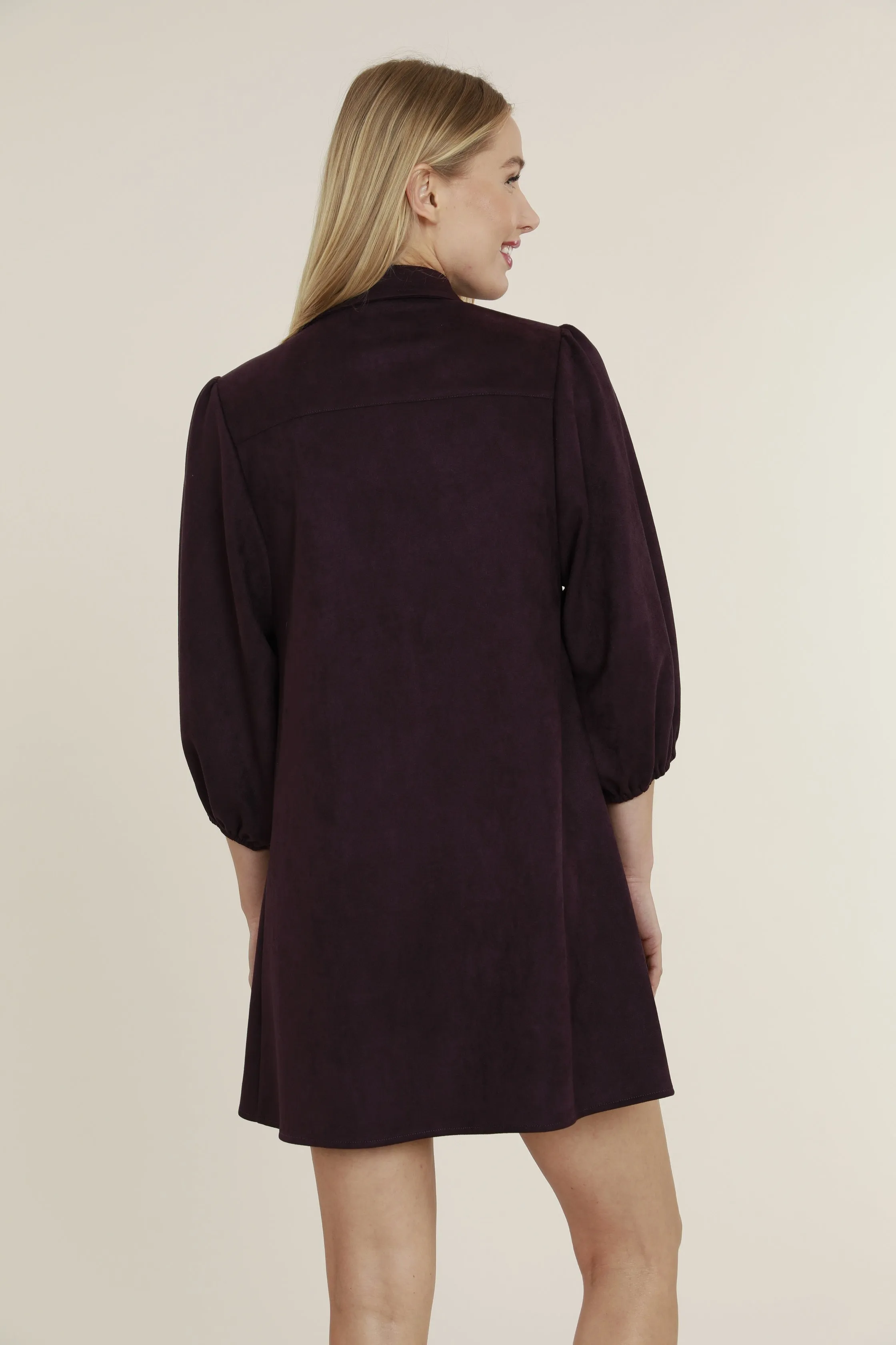 Faux Suede Puff Sleeve Shirt Dress