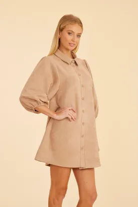Faux Suede Puff Sleeve Shirt Dress