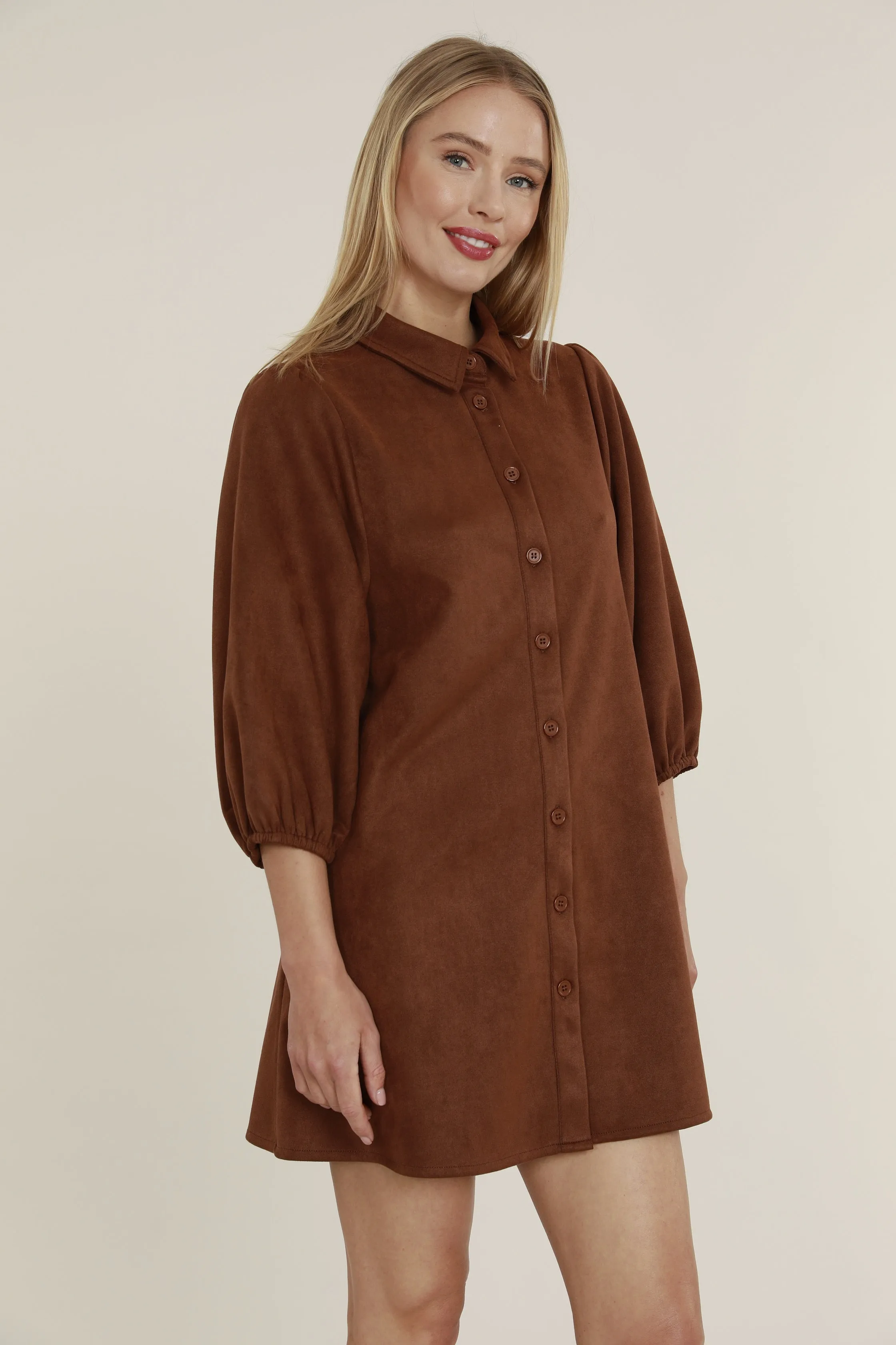 Faux Suede Puff Sleeve Shirt Dress