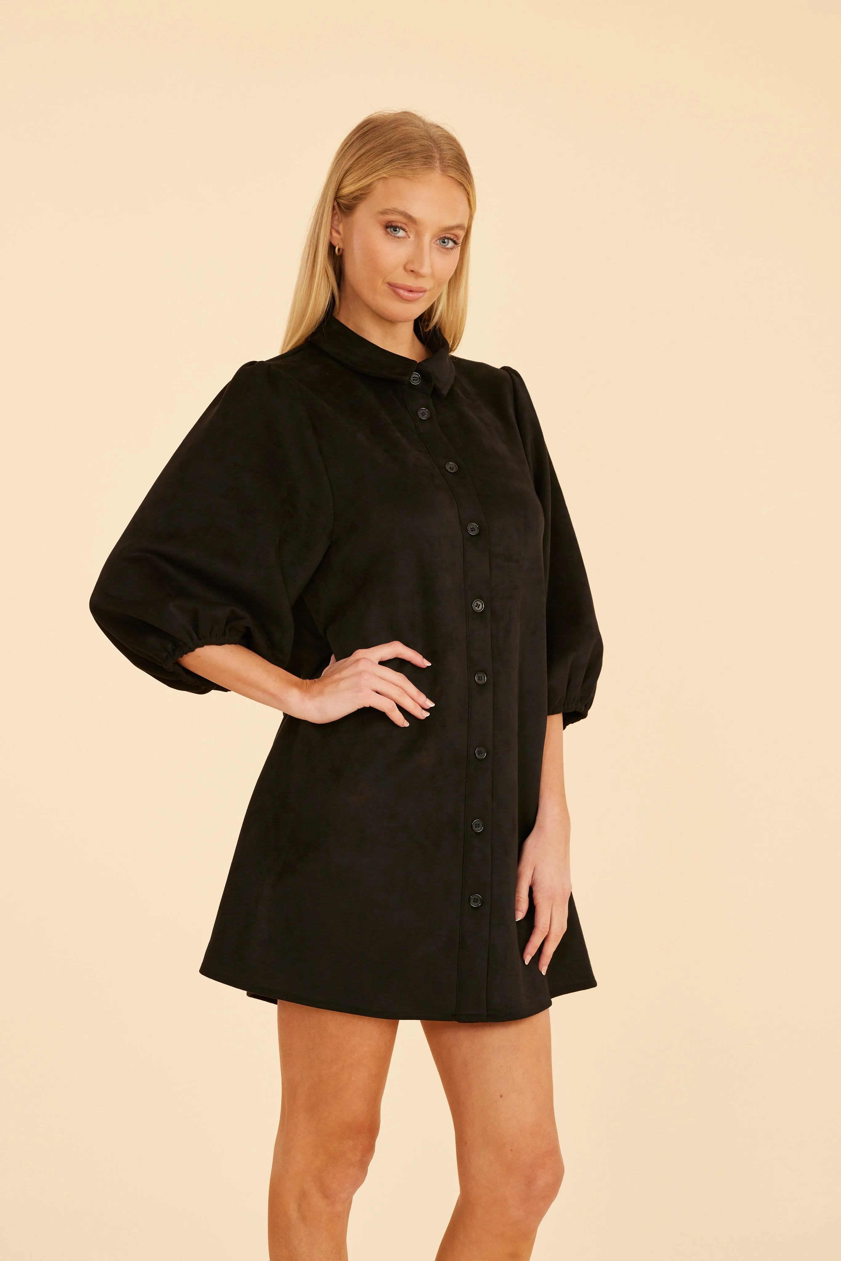 Faux Suede Puff Sleeve Shirt Dress