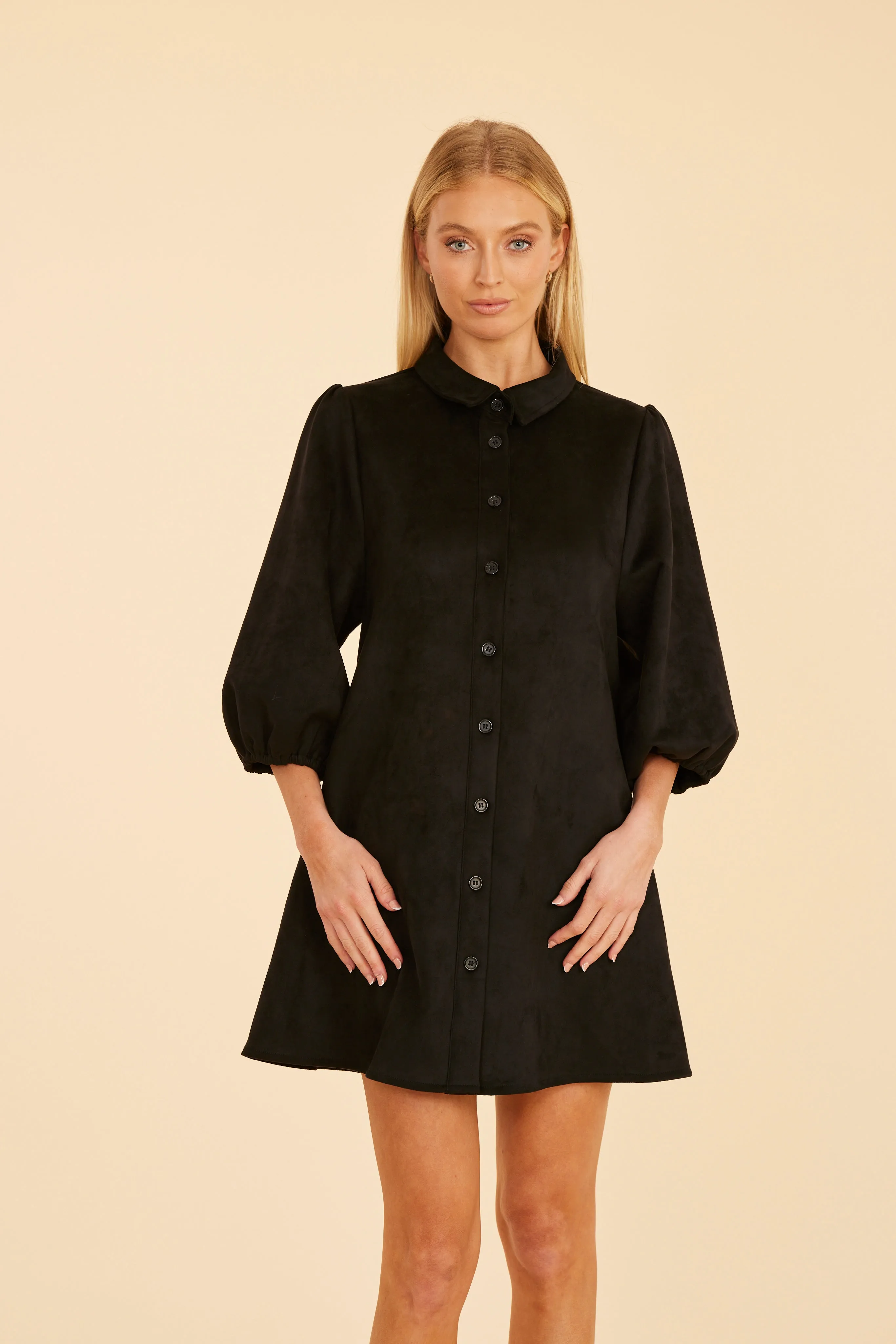 Faux Suede Puff Sleeve Shirt Dress