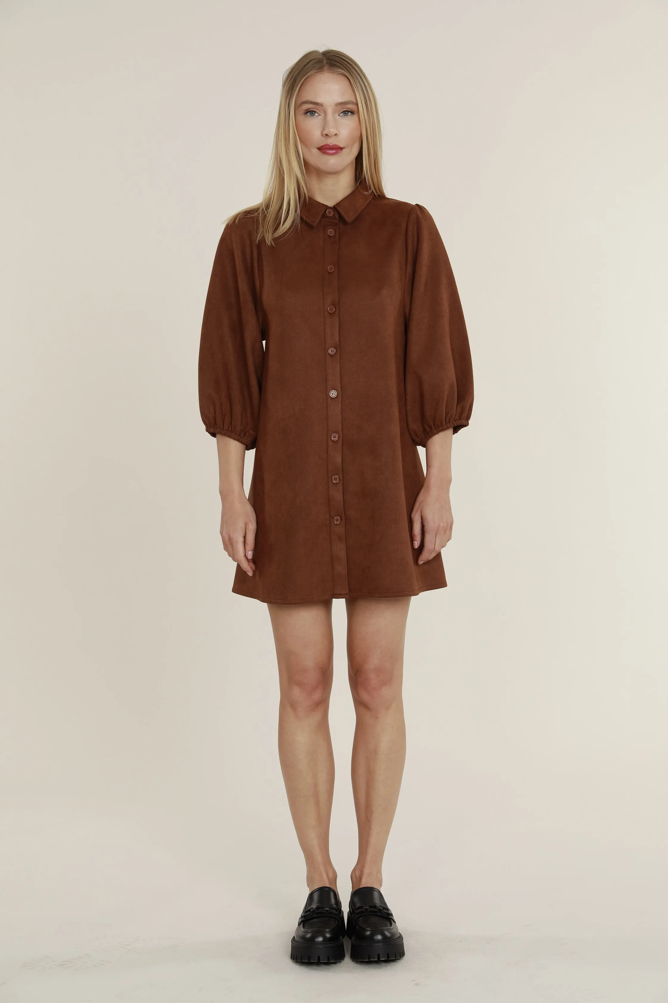 Faux Suede Puff Sleeve Shirt Dress