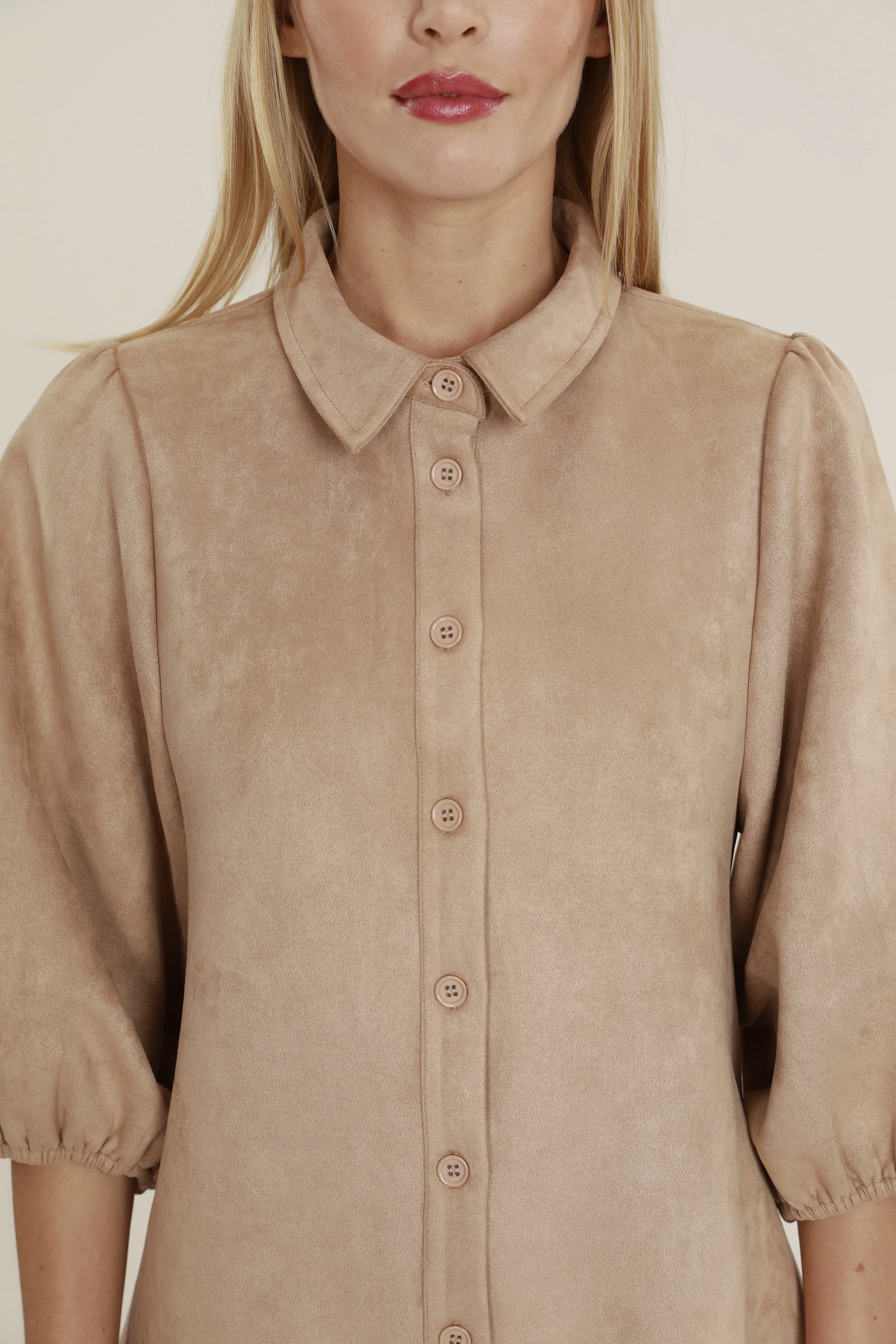 Faux Suede Puff Sleeve Shirt Dress