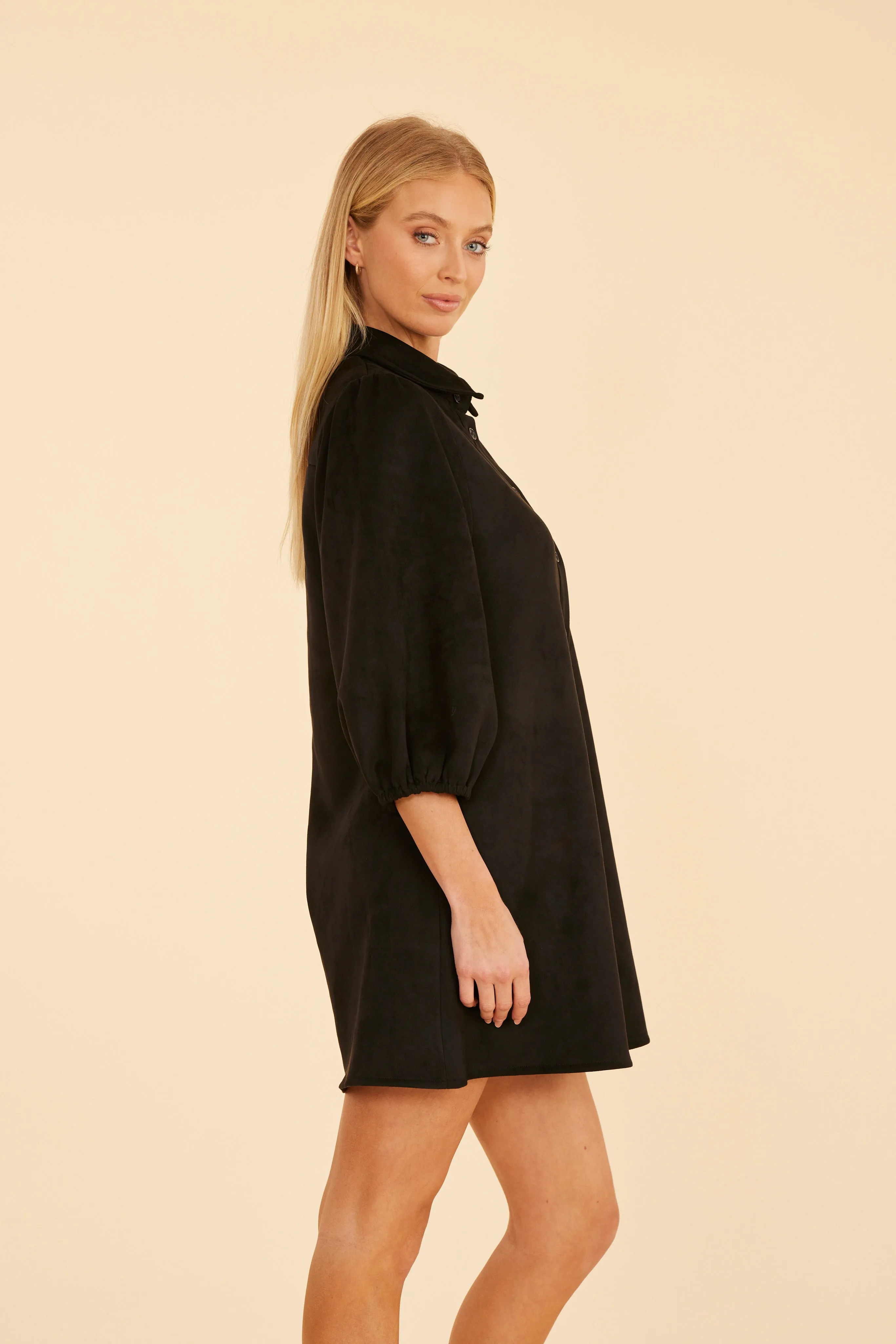 Faux Suede Puff Sleeve Shirt Dress