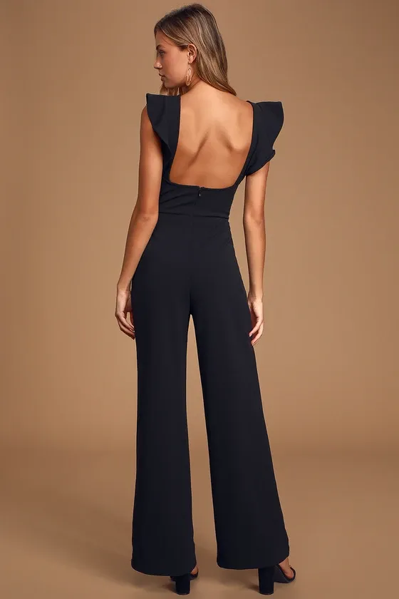 Feel Your Love Black Ruffled Wide-Leg Jumpsuit