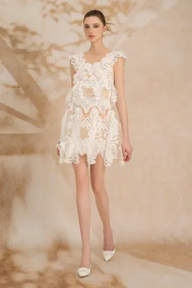 Fiamma Trapezoid Cap Sleeved Cotton Lace Mini Dress