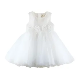 Floral Waist Trim Tulle Dress in White
