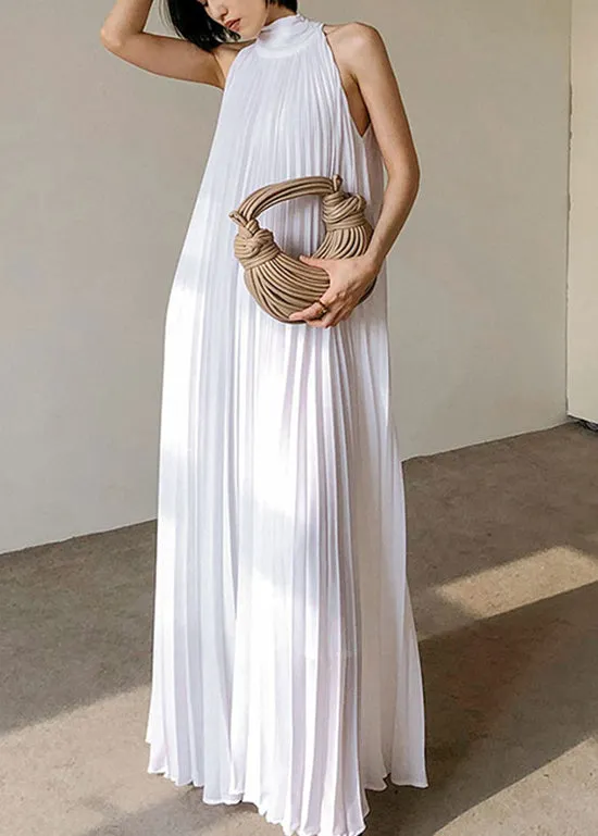 FLYTONN- French White Pleated Hanging Neck Off Shoulder Long Dress Summer EE1030