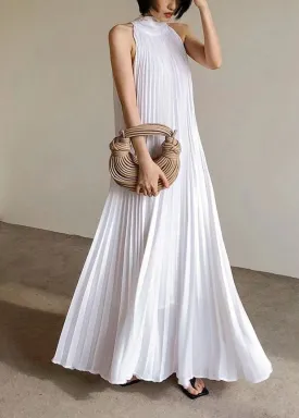 FLYTONN- French White Pleated Hanging Neck Off Shoulder Long Dress Summer EE1030