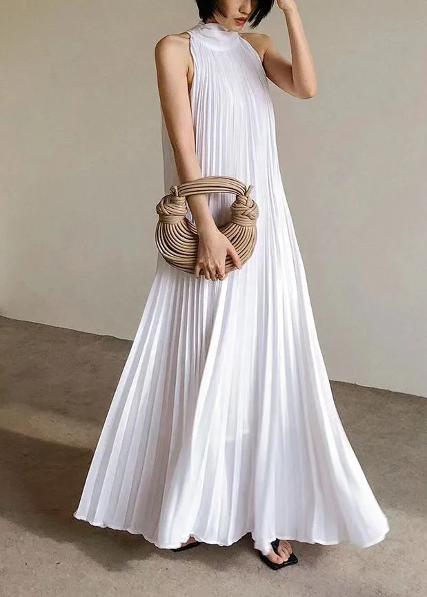 FLYTONN- French White Pleated Hanging Neck Off Shoulder Long Dress Summer EE1030