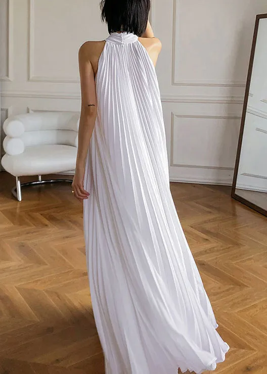 FLYTONN- French White Pleated Hanging Neck Off Shoulder Long Dress Summer EE1030