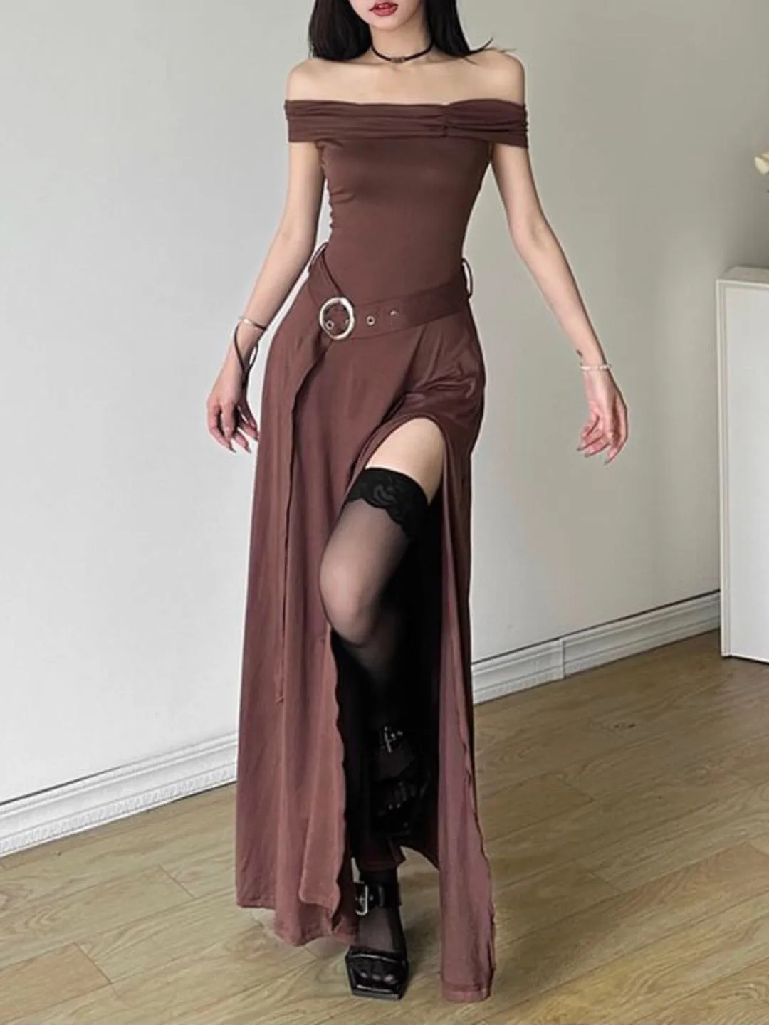 Flytonn- Medieval Off-Shoulder Belted Slit Dress