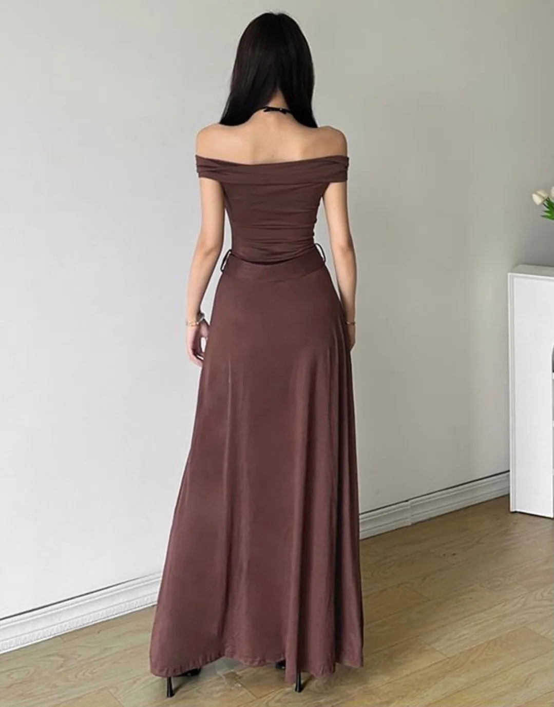 Flytonn- Medieval Off-Shoulder Belted Slit Dress