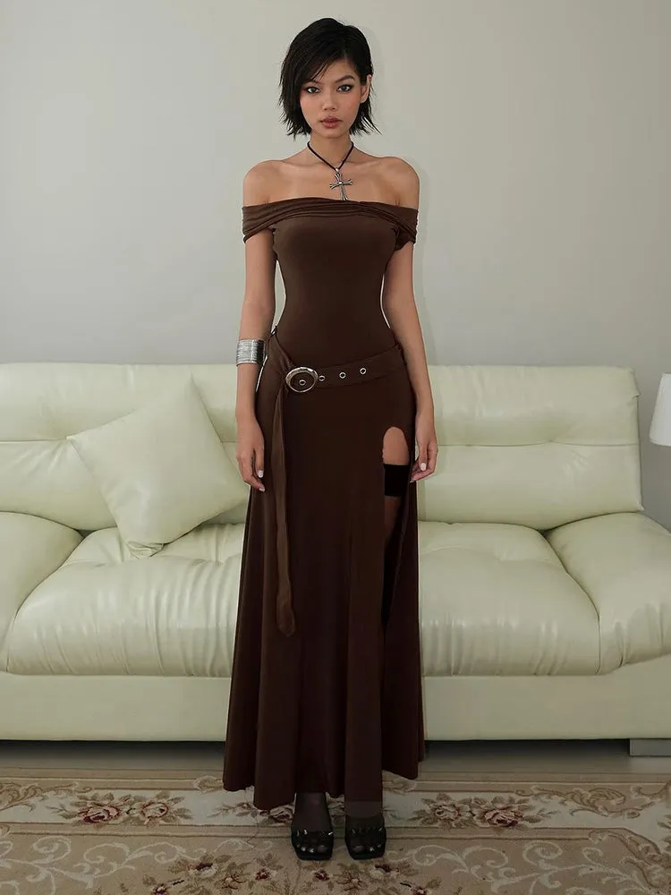 Flytonn- Medieval Off-Shoulder Belted Slit Dress