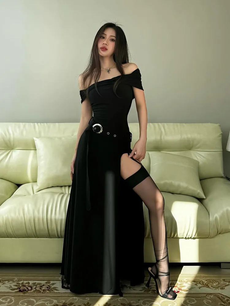 Flytonn- Medieval Off-Shoulder Belted Slit Dress