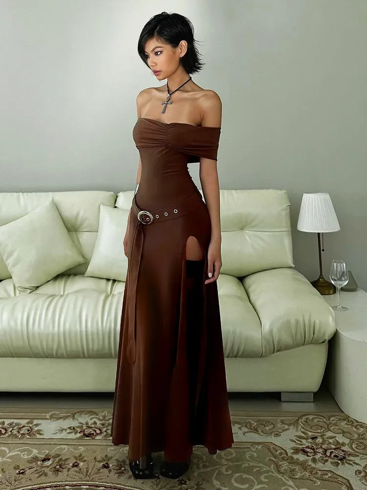 Flytonn- Medieval Off-Shoulder Belted Slit Dress
