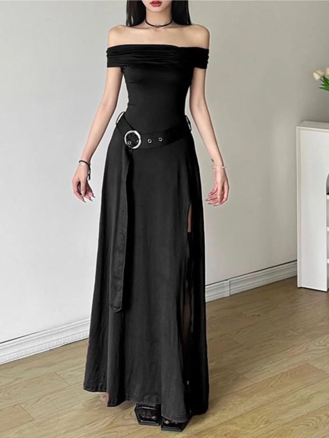 Flytonn- Medieval Off-Shoulder Belted Slit Dress