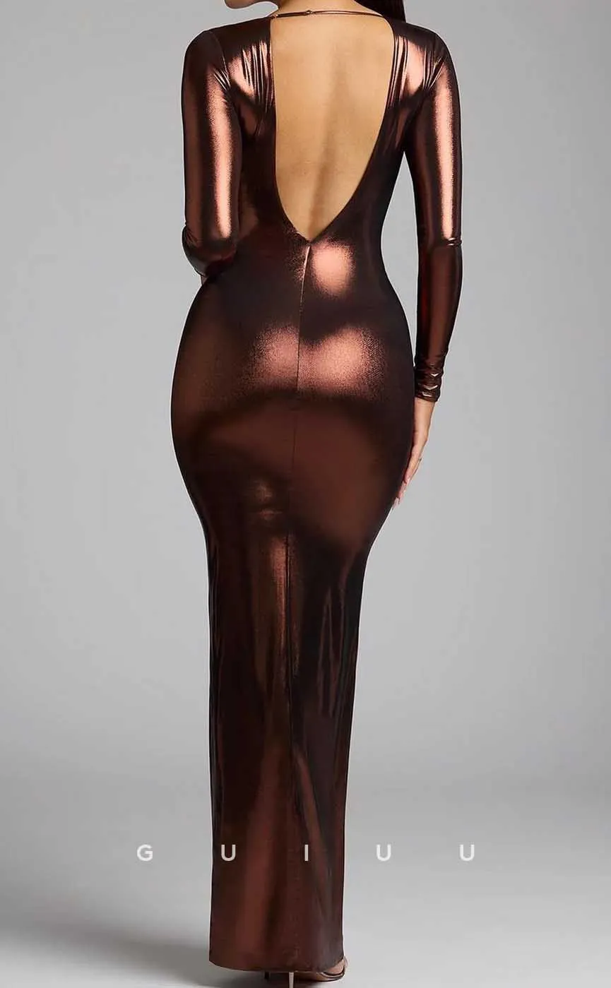 G4056 - Sexy & Hot Sheath V-Neck Sparkle Evening Party Prom Dress with Long Sleeves and Slit