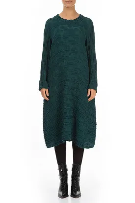 Gathered Neck Emerald Circle Silk Linen Dress