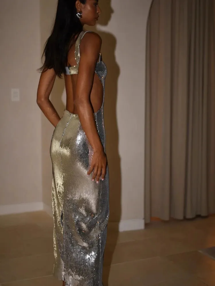 Girlary  Sexy Elegant One Piece Dress Women Sleeveless Y2k Designer Evening Party Dress Female Sequins Vintage Chic Clothes 2024 New