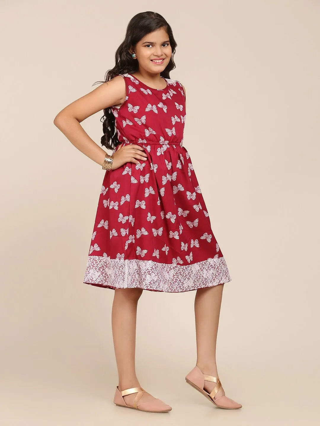 Girls Maroon & White Floral Dress