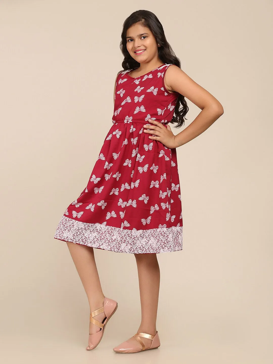 Girls Maroon & White Floral Dress