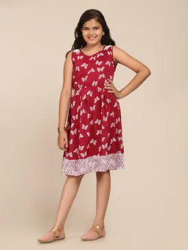 Girls Maroon & White Floral Dress