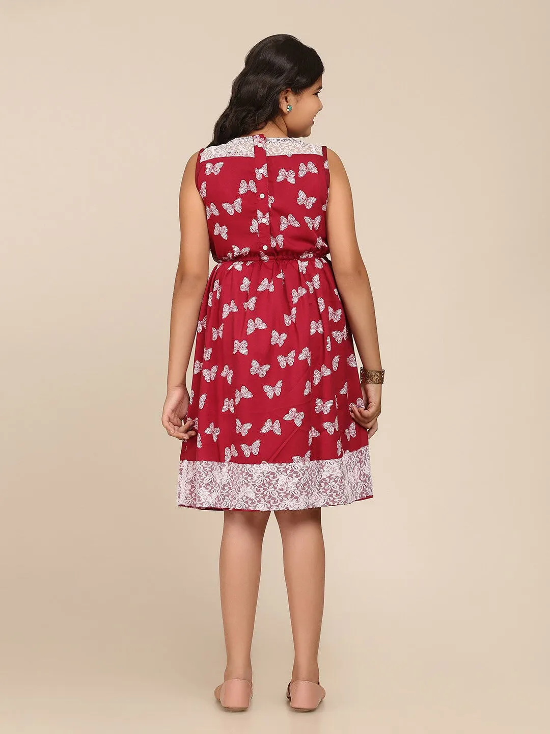 Girls Maroon & White Floral Dress