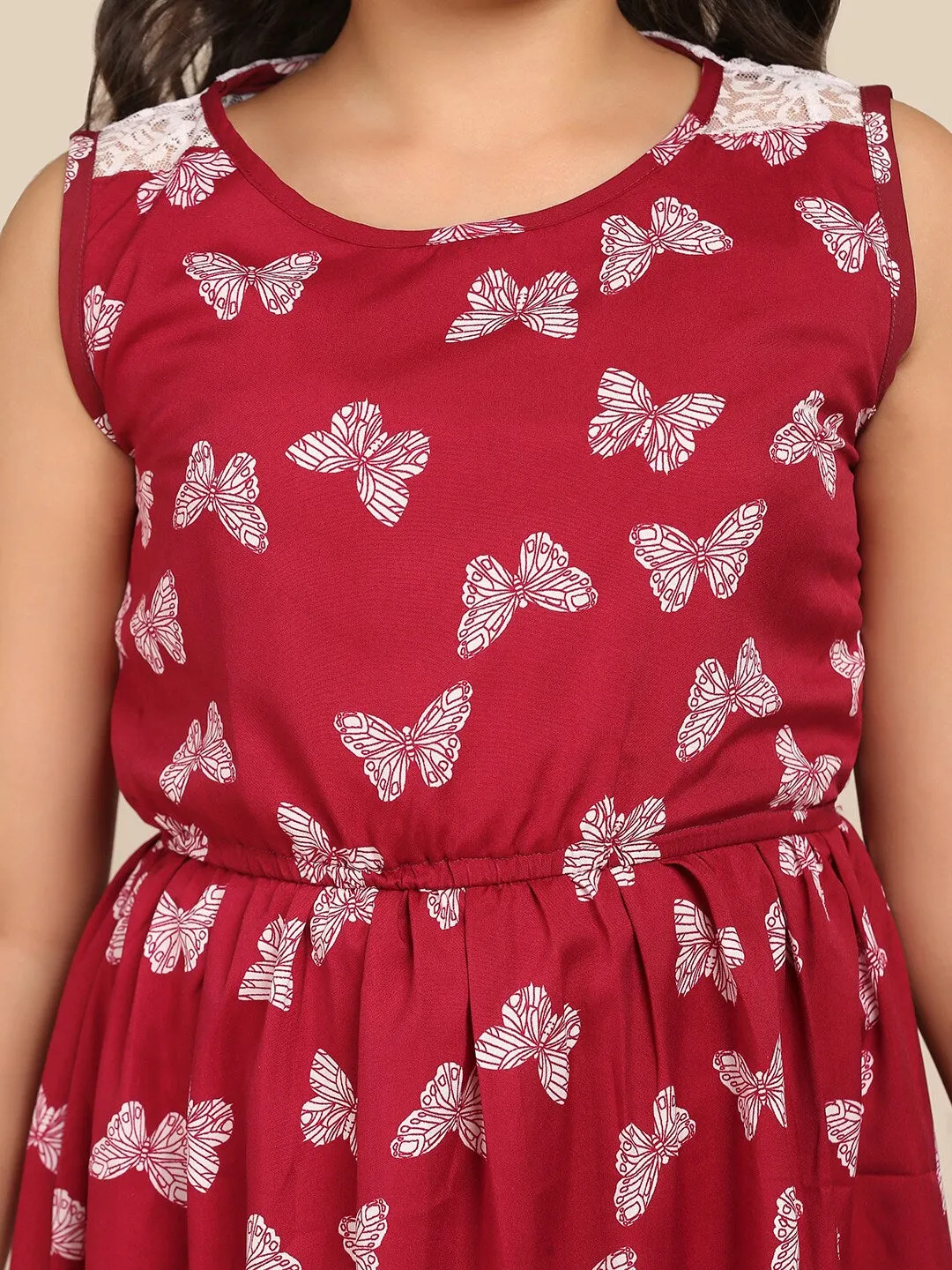 Girls Maroon & White Floral Dress