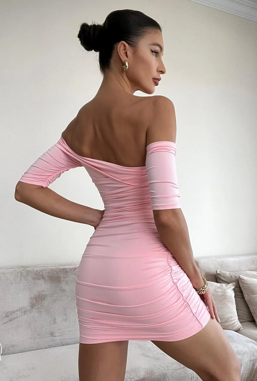 GOBLES Women's Summer Short Sleeve Sexy Bodycon Ruched Mini Party Dress