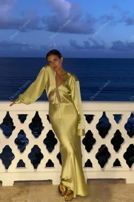 Green Charmeuse Plunging Cutout Custom Prom Dress