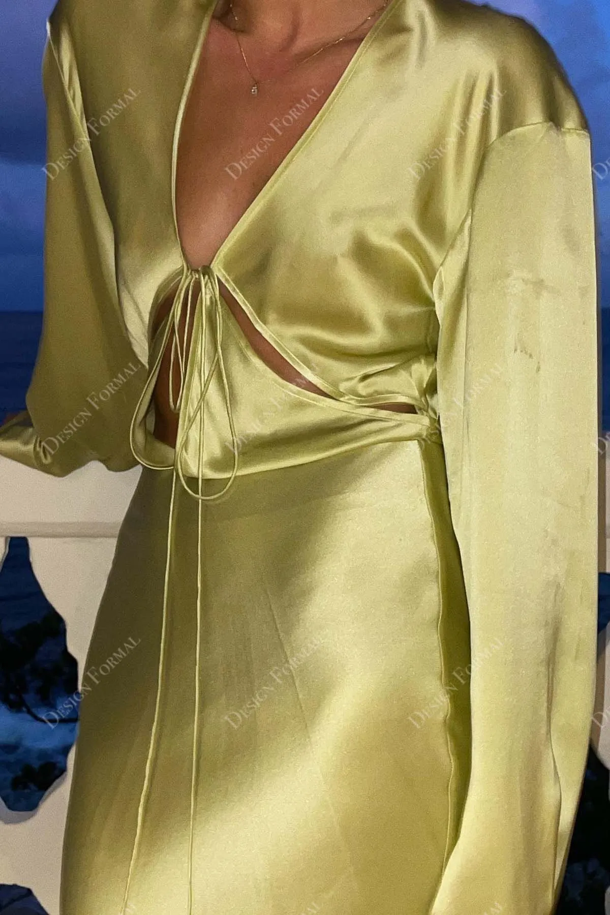 Green Charmeuse Plunging Cutout Custom Prom Dress