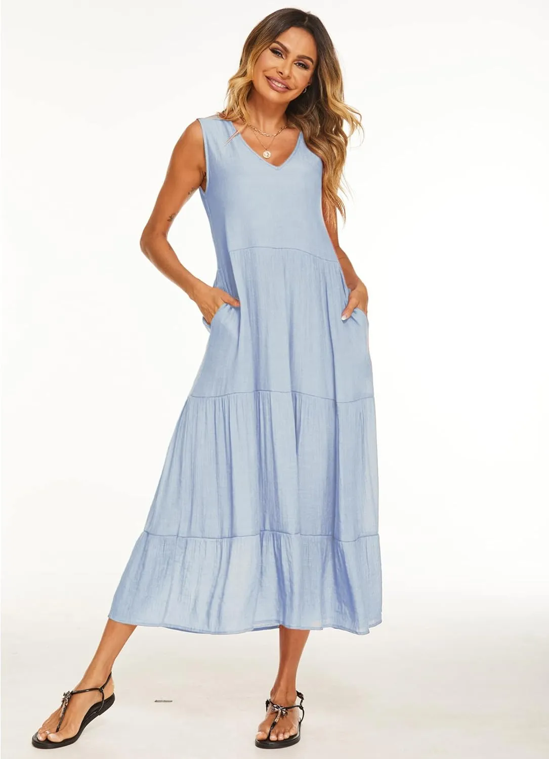 Halife Women's Summer Casual Maxi Dresses Flowy Ruffle Boho Long Dresses with Pockets