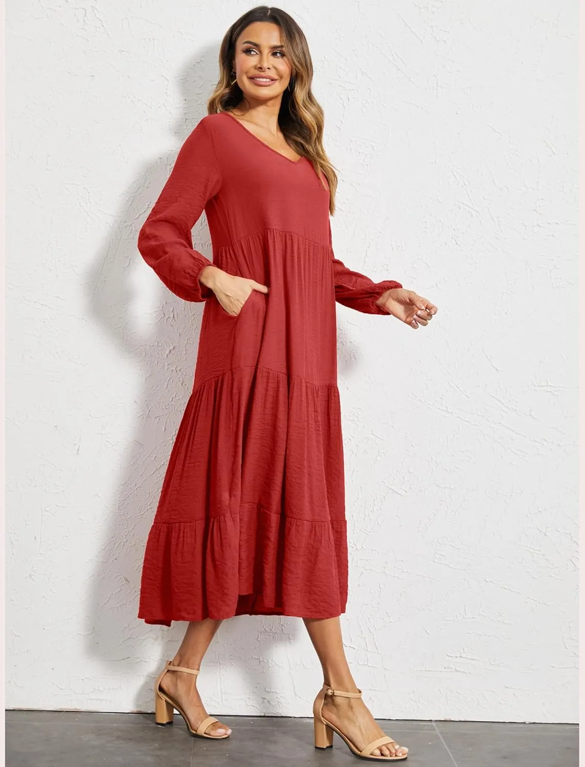 Halife Women's Summer Casual Maxi Dresses Flowy Ruffle Boho Long Dresses with Pockets