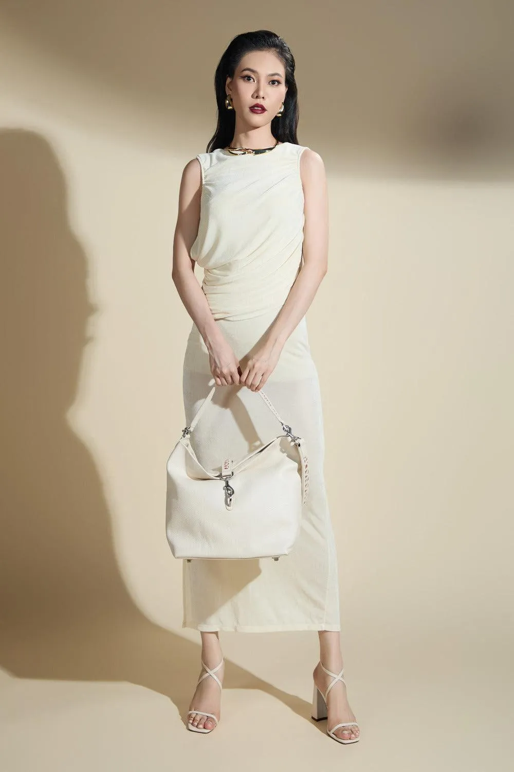 Hayden Sheath Draped Polyester Spandex Midi Dress