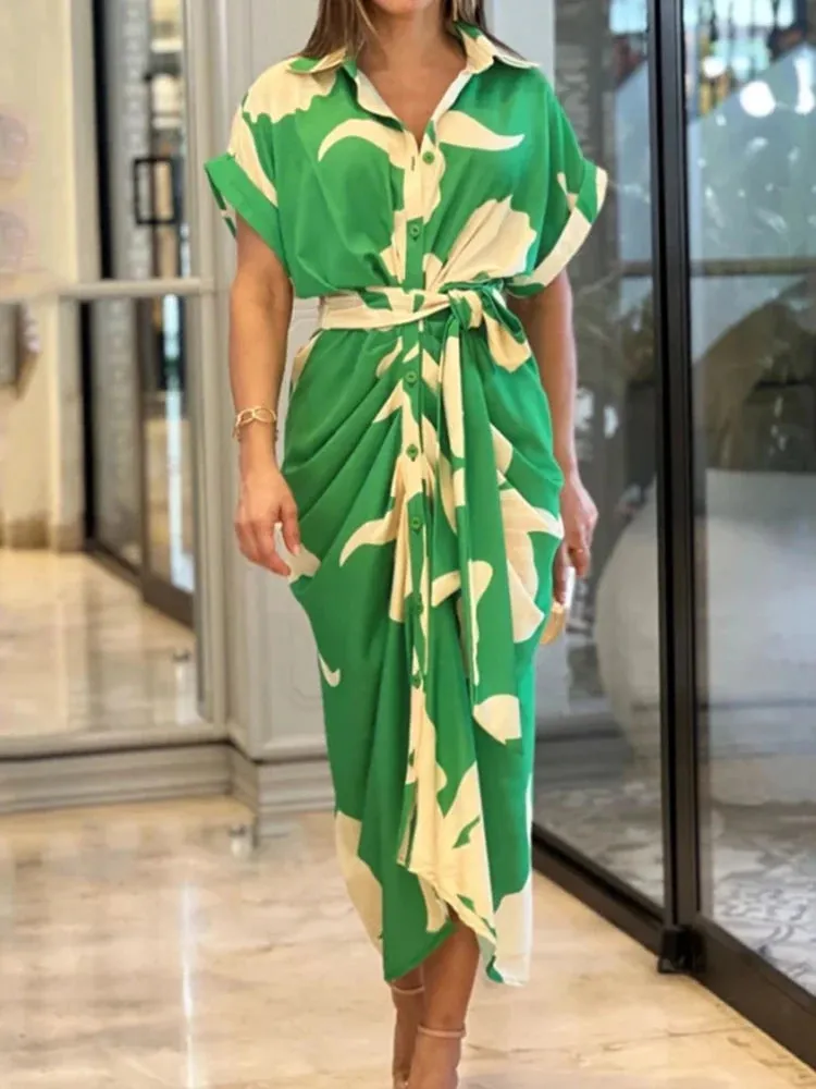 HOUZHOU Green Elegant Dress Women Art Print Lapel Short Sleeve Single Row Button Tie Up Pleated Design Shirt Dresses Female