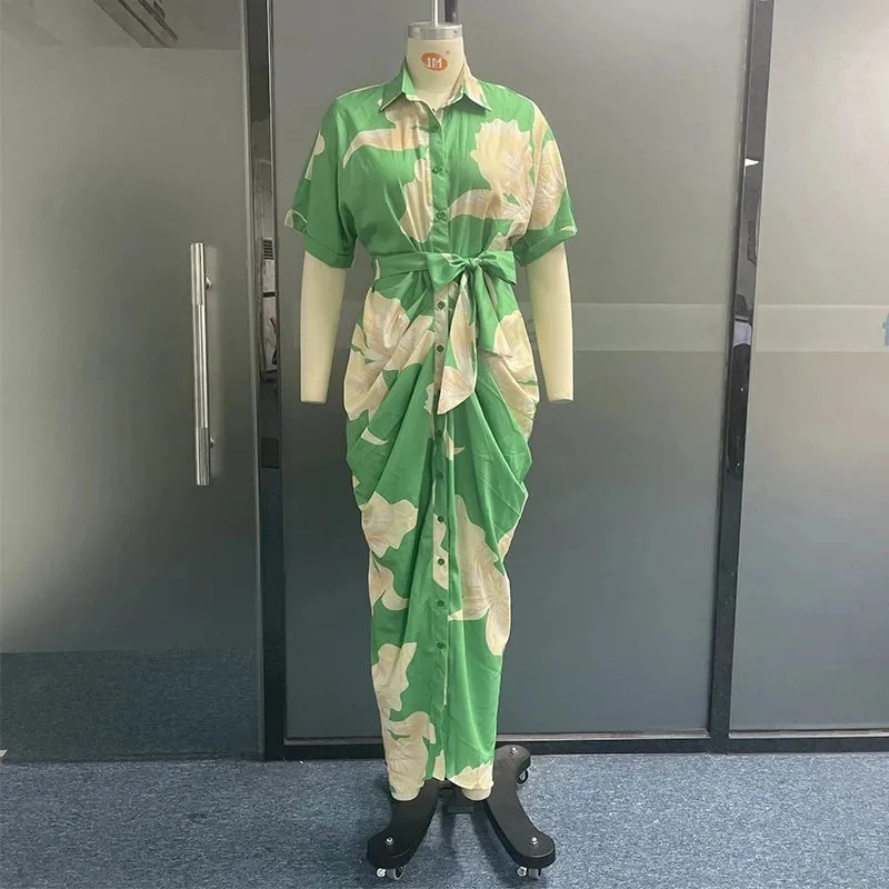 HOUZHOU Green Elegant Dress Women Art Print Lapel Short Sleeve Single Row Button Tie Up Pleated Design Shirt Dresses Female