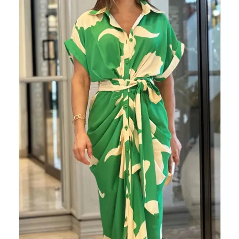 HOUZHOU Green Elegant Dress Women Art Print Lapel Short Sleeve Single Row Button Tie Up Pleated Design Shirt Dresses Female