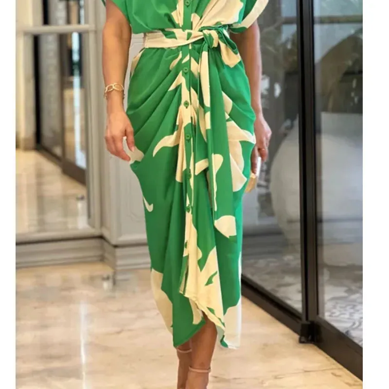 HOUZHOU Green Elegant Dress Women Art Print Lapel Short Sleeve Single Row Button Tie Up Pleated Design Shirt Dresses Female