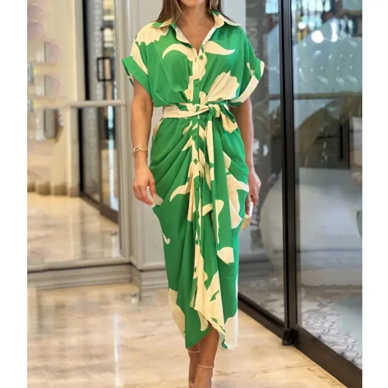 HOUZHOU Green Elegant Dress Women Art Print Lapel Short Sleeve Single Row Button Tie Up Pleated Design Shirt Dresses Female
