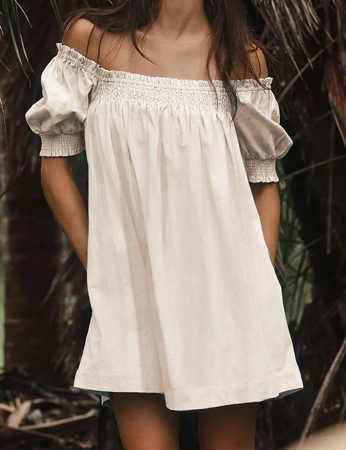 Huaqiao Womens Summer Linen Mini Dress Sundress 2025 A-Line Beach Casual Loose Dress with Pockets