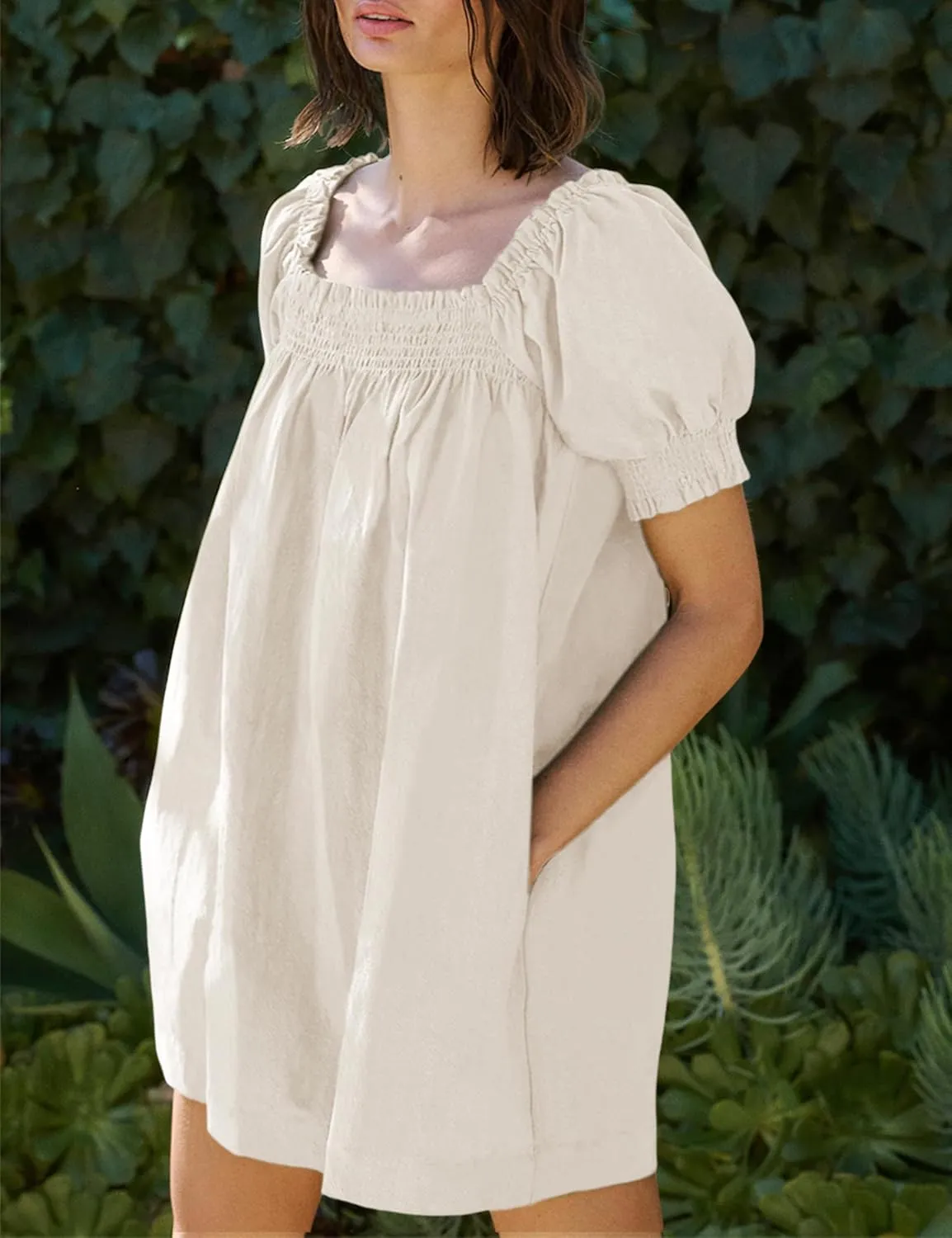 Huaqiao Womens Summer Linen Mini Dress Sundress 2025 A-Line Beach Casual Loose Dress with Pockets