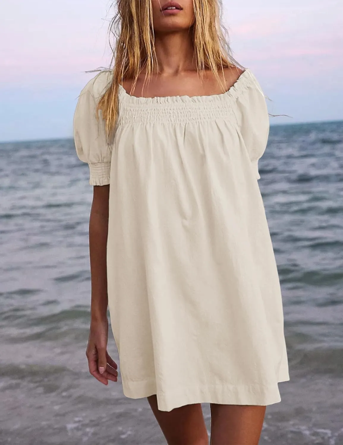 Huaqiao Womens Summer Linen Mini Dress Sundress 2025 A-Line Beach Casual Loose Dress with Pockets